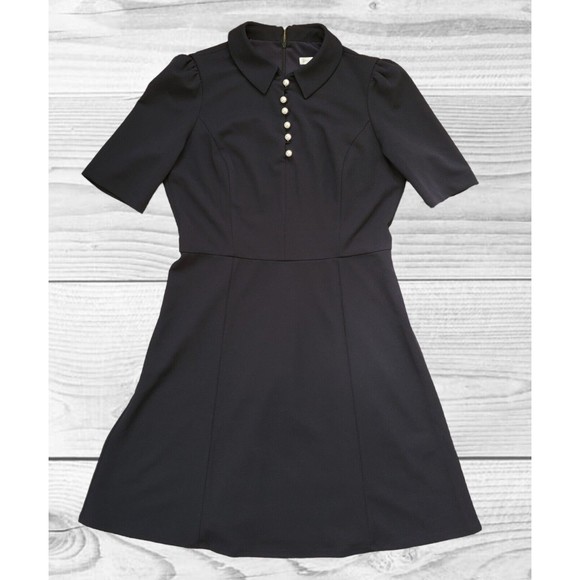 London Times Classic Navy Blue Pearl Button Collared Short Sleeve Women Size 10 - Picture 1 of 5